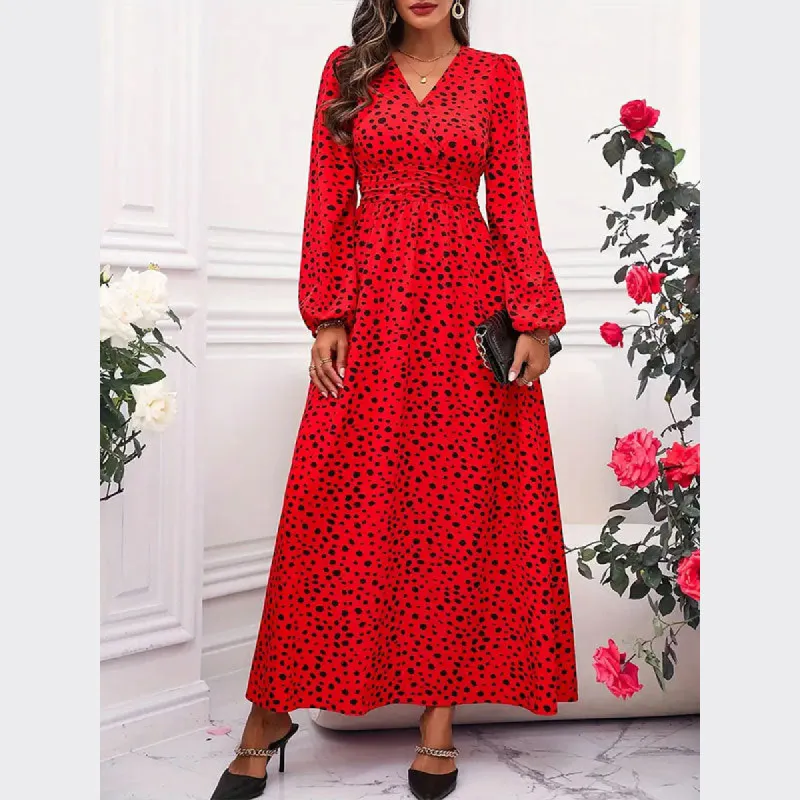 Red V-Neck Polka Dot Pleated Waist Dress sold by Viva Estel