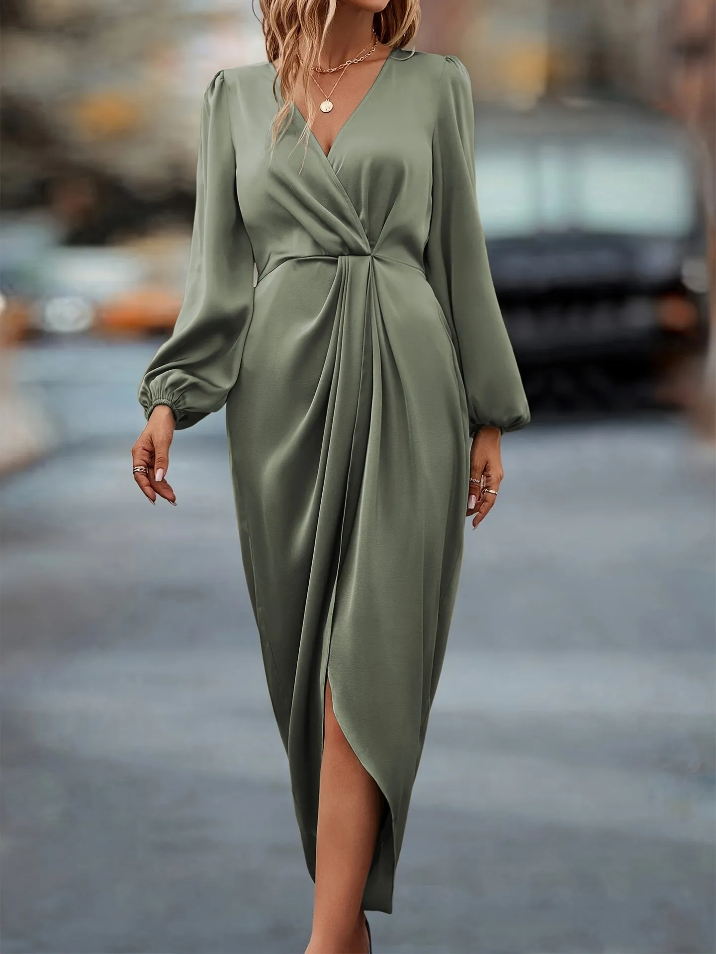 Moss Green Puff Sleeve Midi Dress sold by Viva Estel product image thumbnail 2