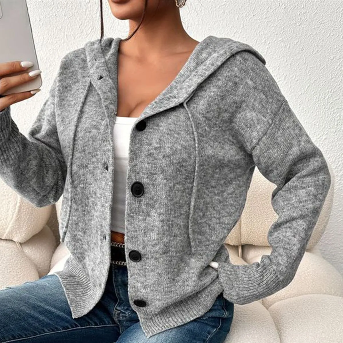 Grey Plain Hoodie Cardigan sold by Viva Estel