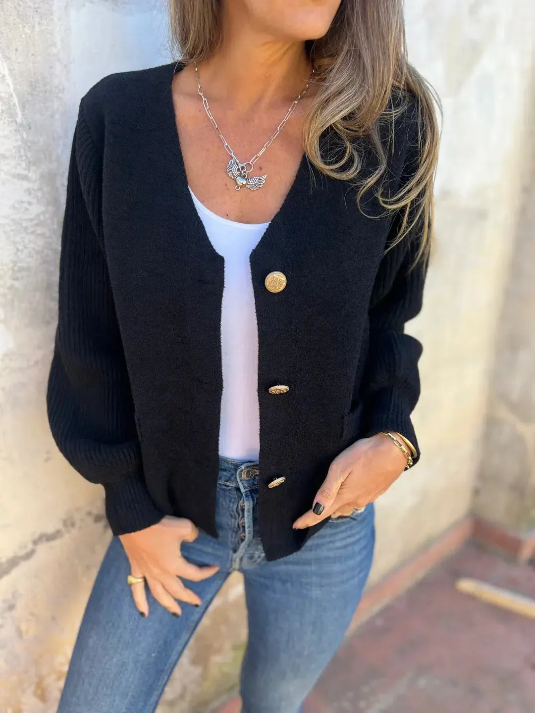 Dark Blue Plain V-Neck Long Sleeve Sweater sold by Viva Estel product image thumbnail 2