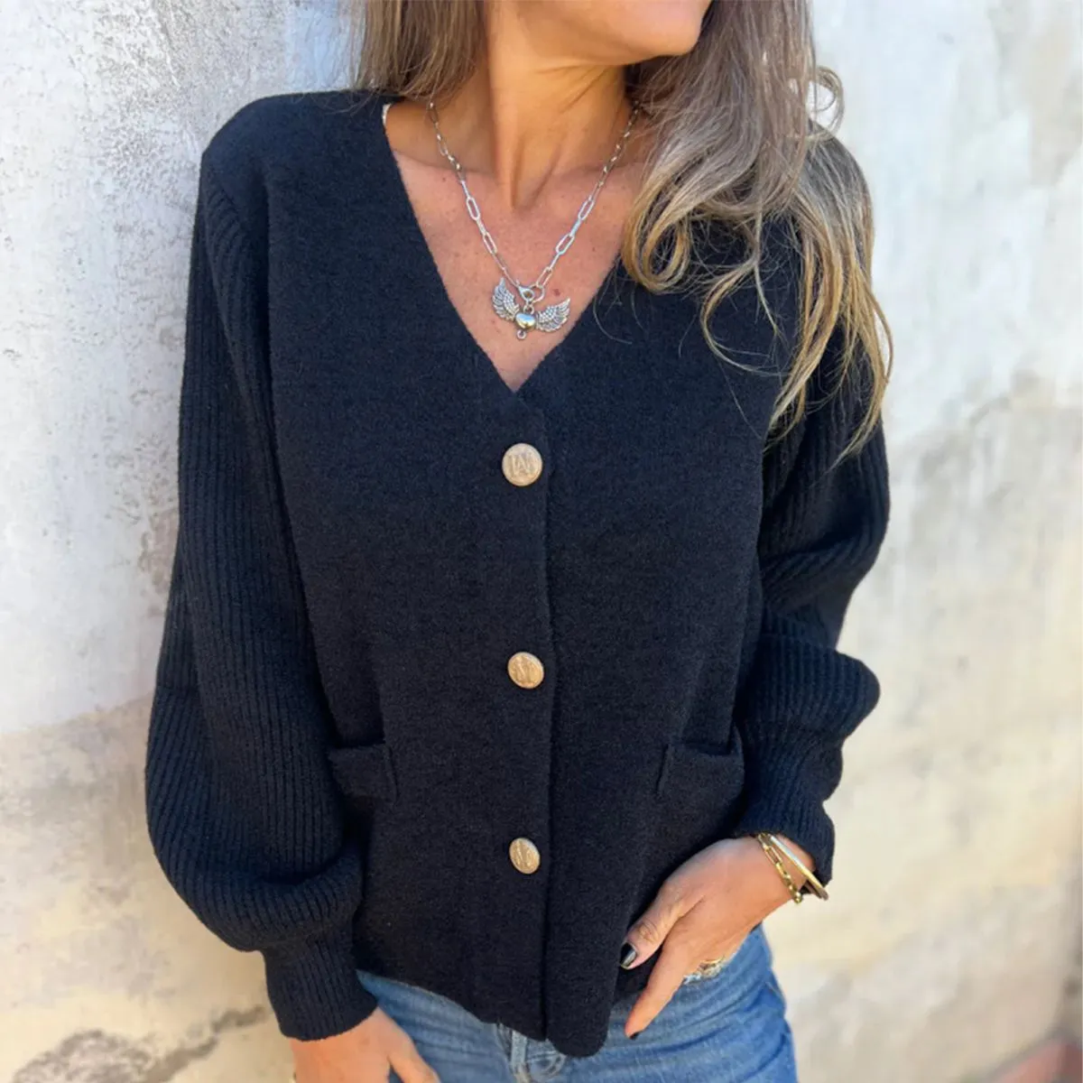 Dark Blue Plain V-Neck Long Sleeve Sweater sold by Viva Estel