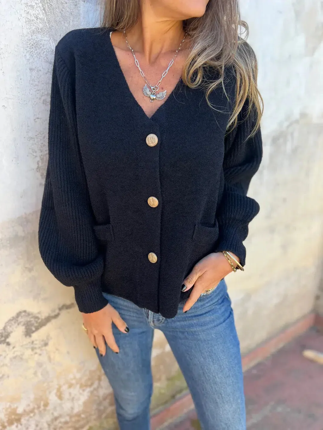 Dark Blue Plain V-Neck Long Sleeve Sweater sold by Viva Estel product image thumbnail 5