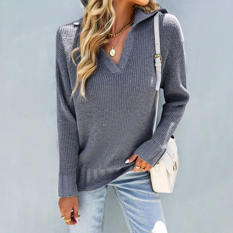 Grey V-Neck Long Sleeve Sweater sold by Viva Estel