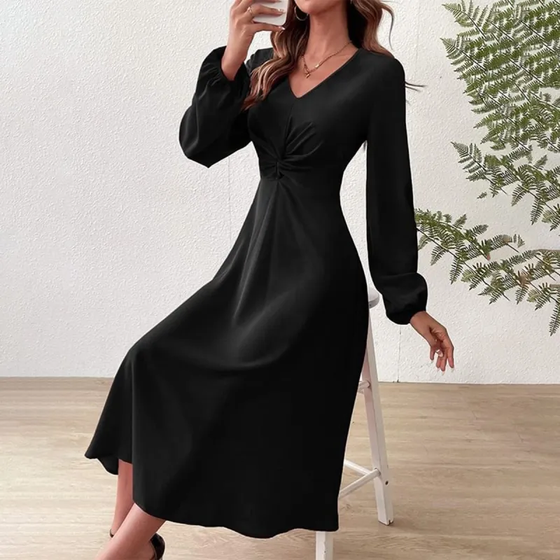 Black Plain Long Sleeve Midi Dress sold by Viva Estel