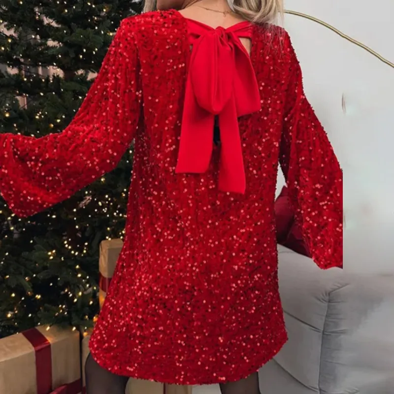 Gorgeous Red Round Neck Long Sleeve Mini Dress sold by Viva Estel