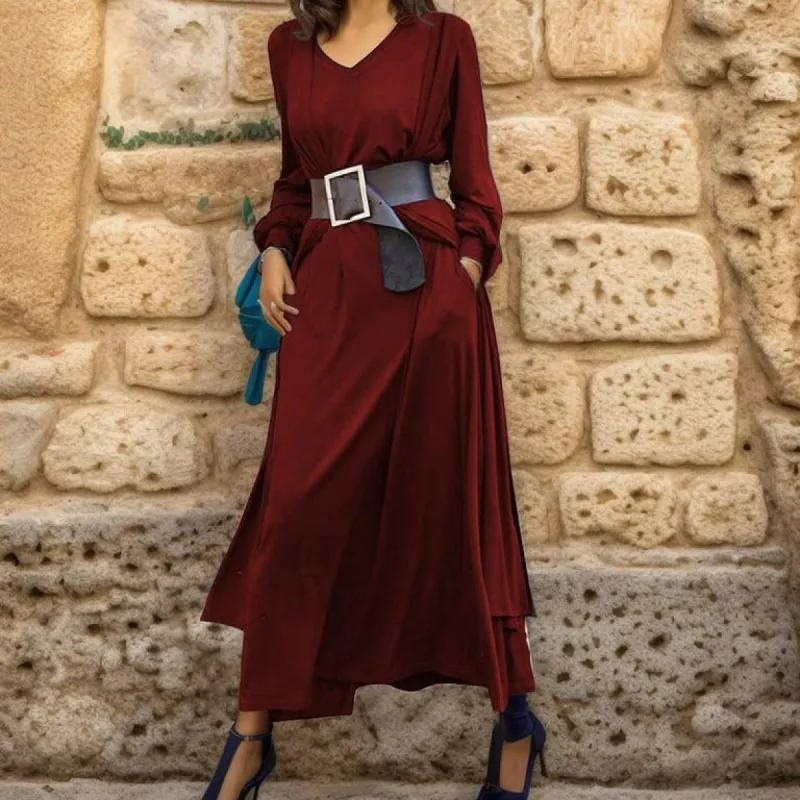 Showy Red Plain Long Sleeve V-Neck Maxi Dress sold by Viva Estel
