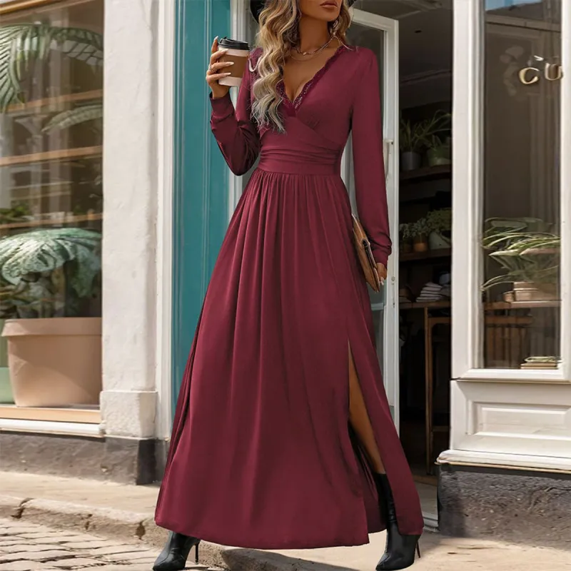 Romantic Red Plain V-Neck Maxi Dress sold by Viva Estel