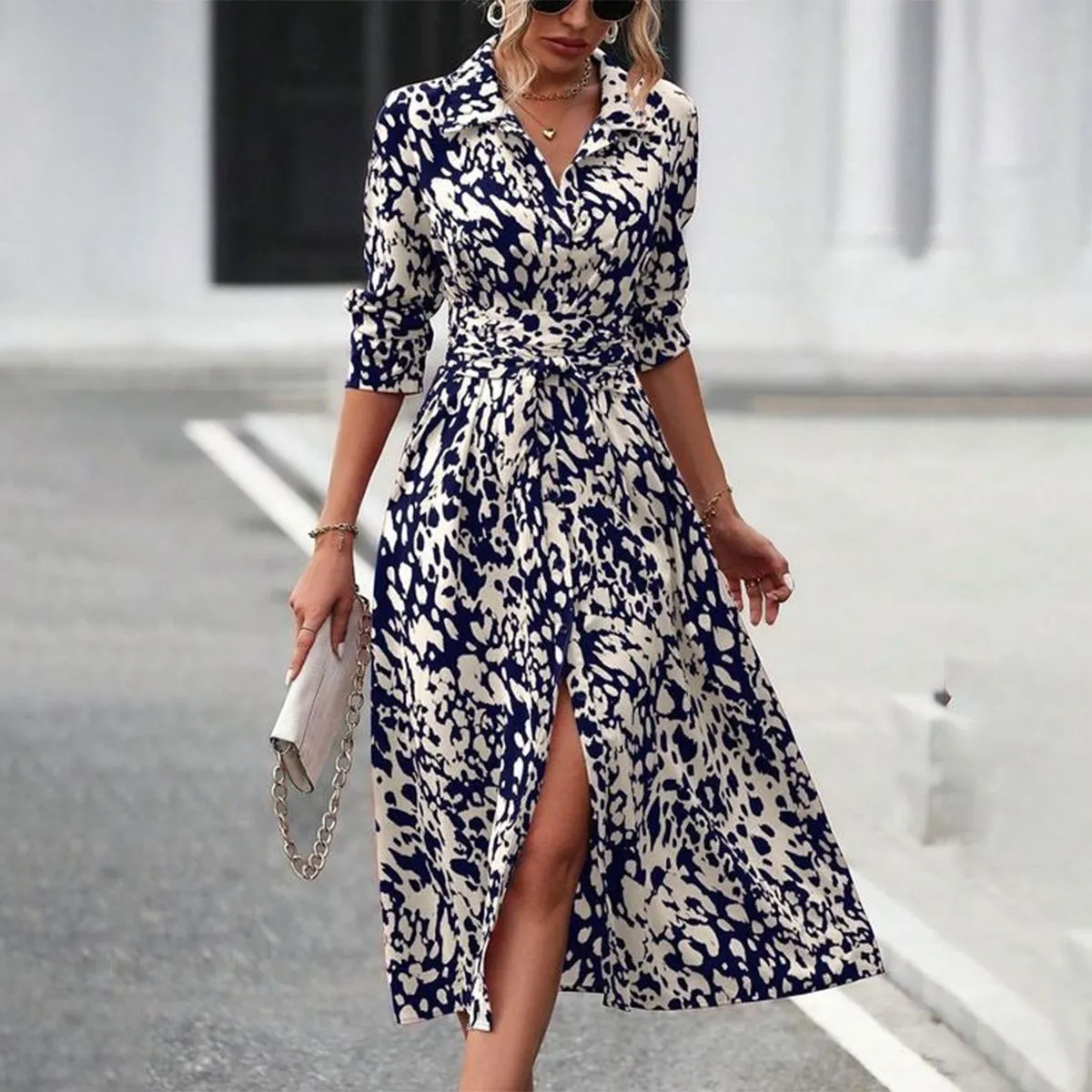 Navy Collared Long Sleeve Midi Dress sold by Viva Estel