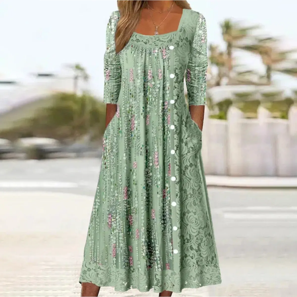 Fresh Green Square Neck Midi Dress sold by Viva Estel