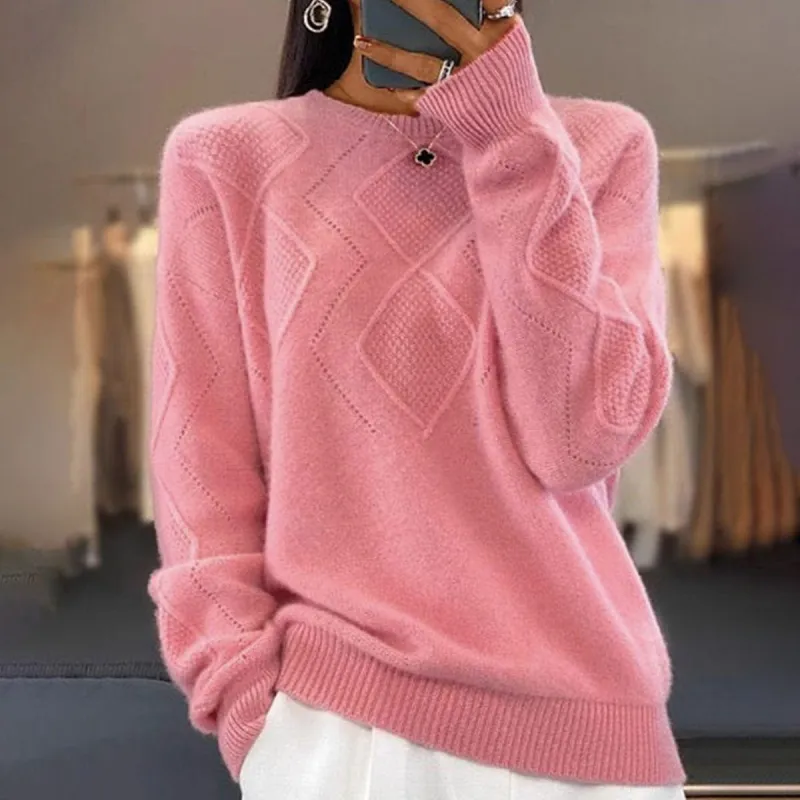 Sweet Pink Plain Long Sleeve Sweater sold by Viva Estel
