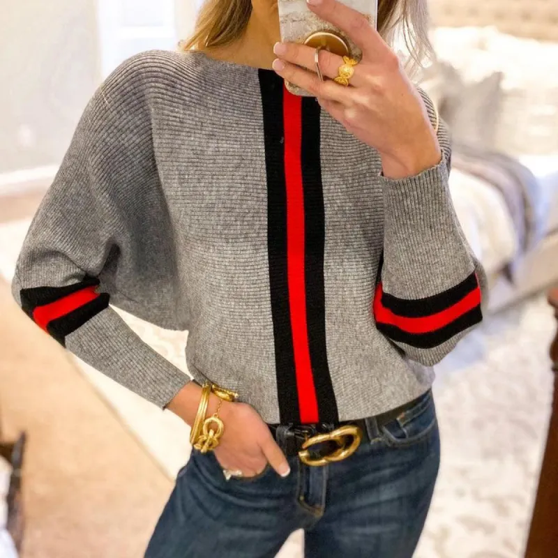 Boston Red Striped Gray Dolman Sweater sold by Viva Estel