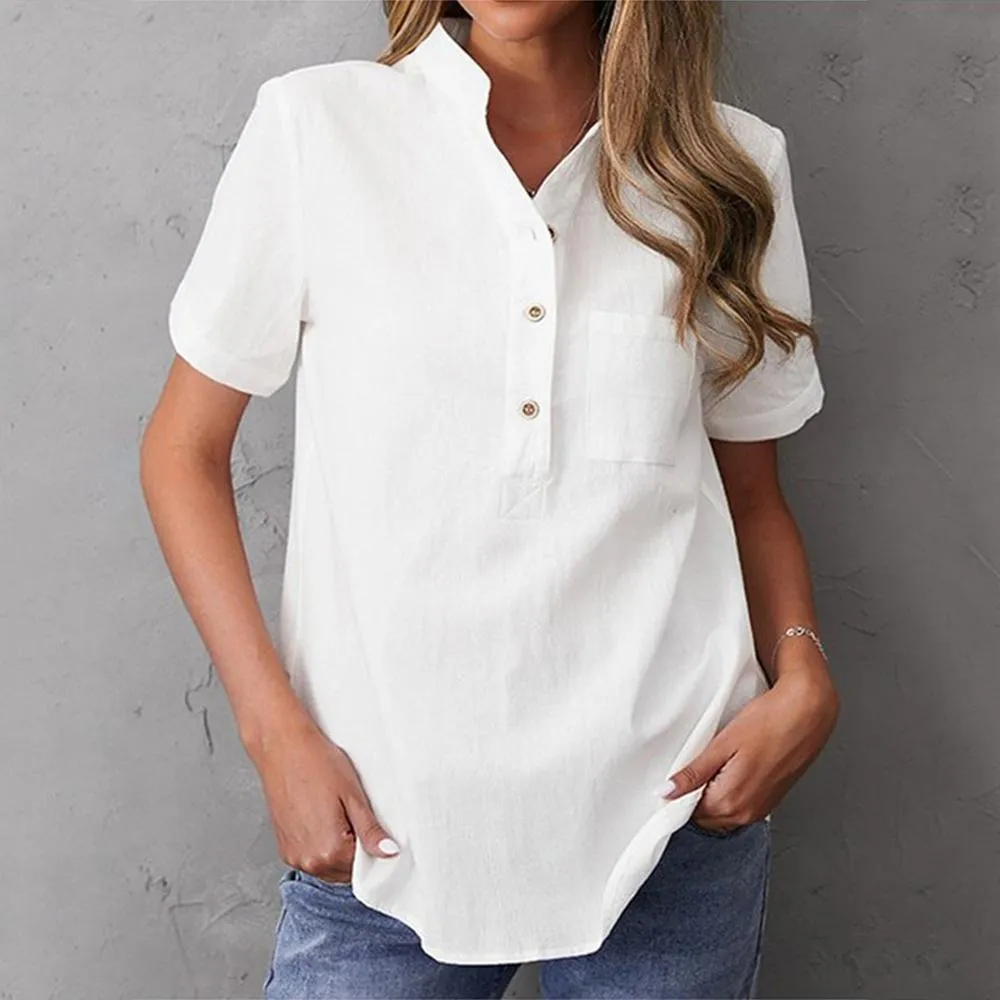 Basic Plain White Button Front Short Sleeve Top sold by Viva Estel