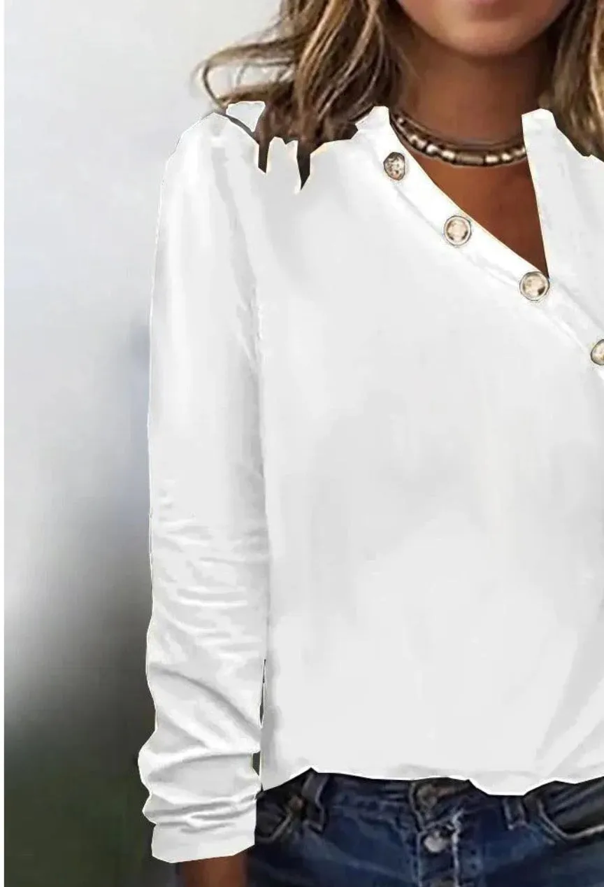 White Asymmetrical Button Front Long Sleeve Top sold by Viva Estel product image thumbnail 4