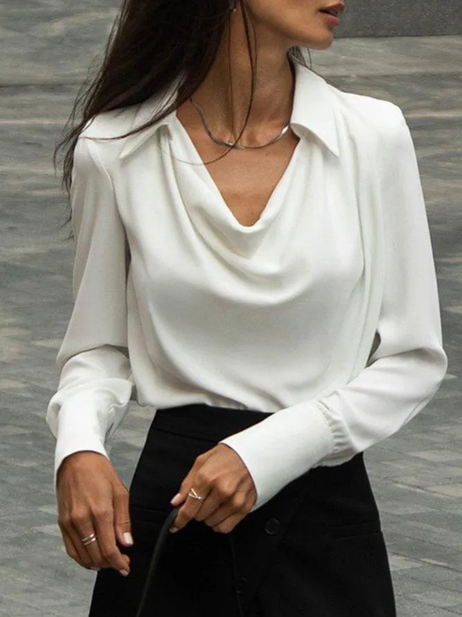 Cream White Cowl Neck Fold-Over Collar Blouse Top sold by Viva Estel product image thumbnail 5