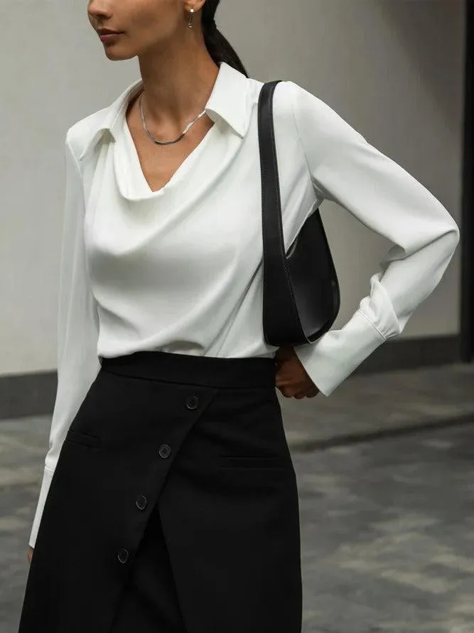 Cream White Cowl Neck Fold-Over Collar Blouse Top sold by Viva Estel product image thumbnail 3