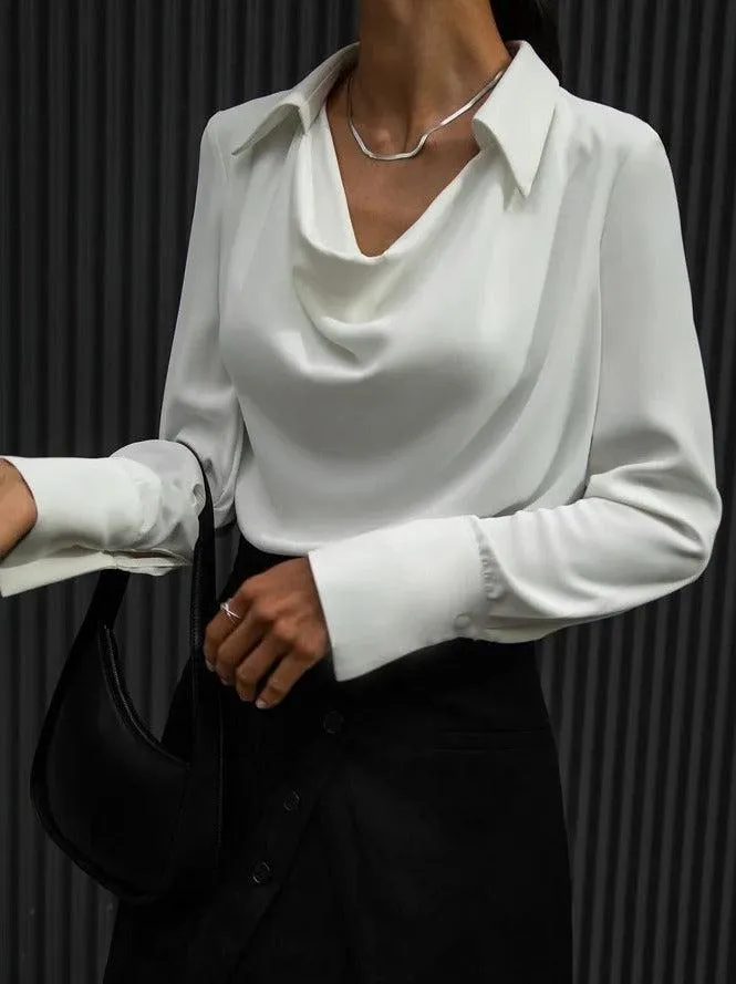 Cream White Cowl Neck Fold-Over Collar Blouse Top sold by Viva Estel product image thumbnail 2