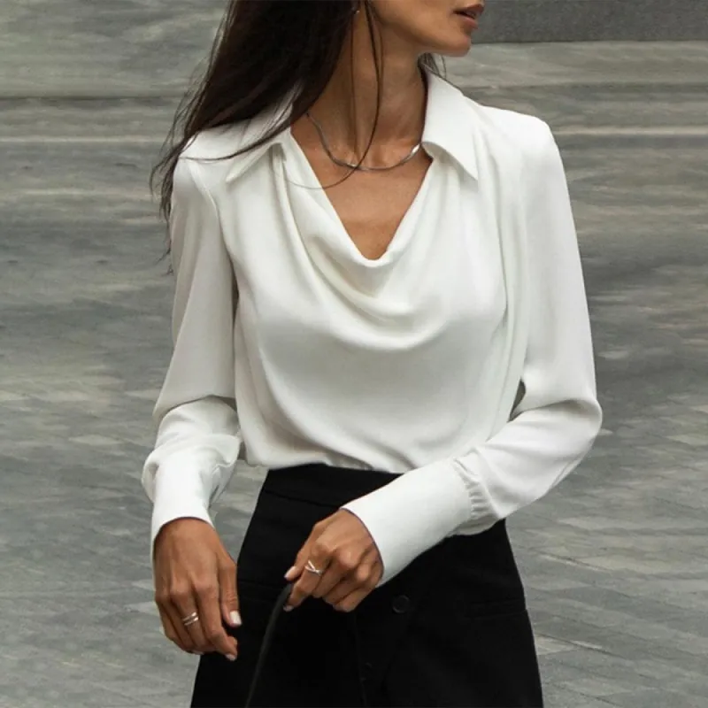 Cream White Cowl Neck Fold-Over Collar Blouse Top sold by Viva Estel