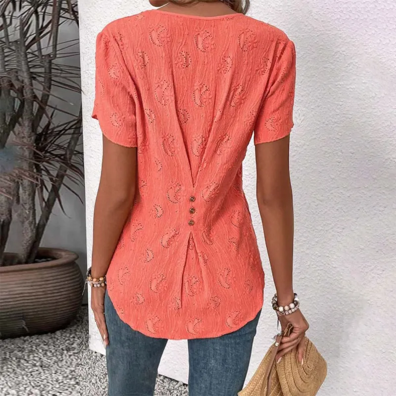 Orange Plain Short Sleeve V-Neck Top sold by Viva Estel