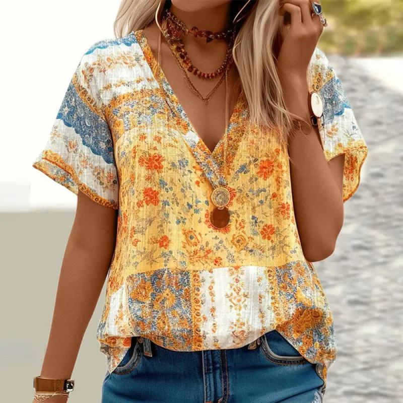 V-Neck Yellow Mixed Print Short Sleeve Top sold by Viva Estel