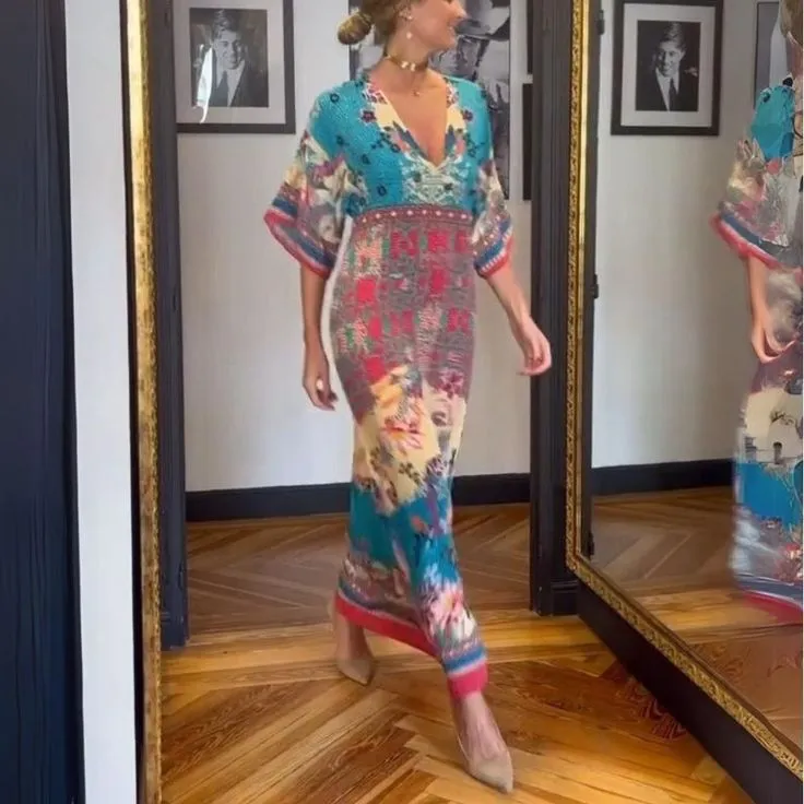 Retro Blue Short Sleeve Maxi Dress sold by Viva Estel product image thumbnail 2