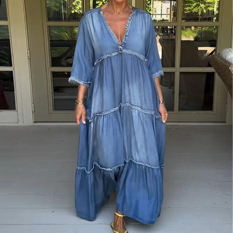 Blue Denim Plain 3/4 Sleeve Maxi Dress sold by Viva Estel