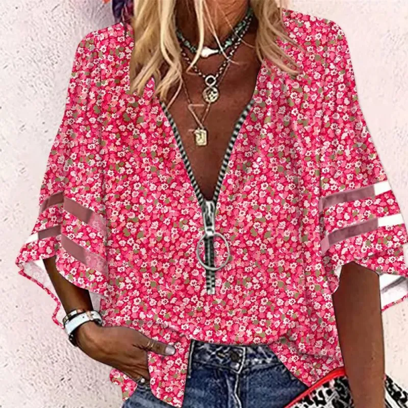Pink Zip V-Neck 3/4 Sleeve Top sold by Viva Estel