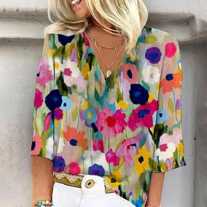 Romantic 3/4 Sleeve Floral Print Top sold by Viva Estel