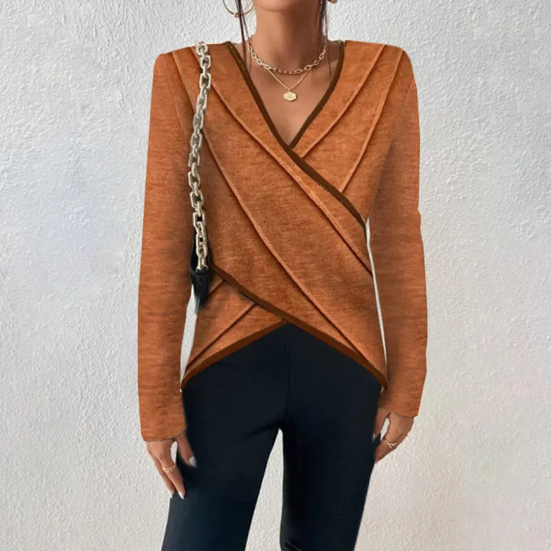 Khaki Solid V Neck Long Sleeve Top sold by Viva Estel