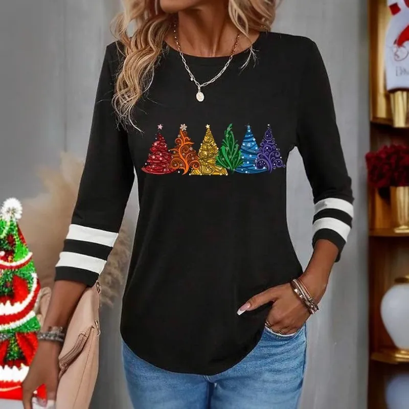 Showy Print 3/4 Sleeve Round Neck Black Top sold by Viva Estel