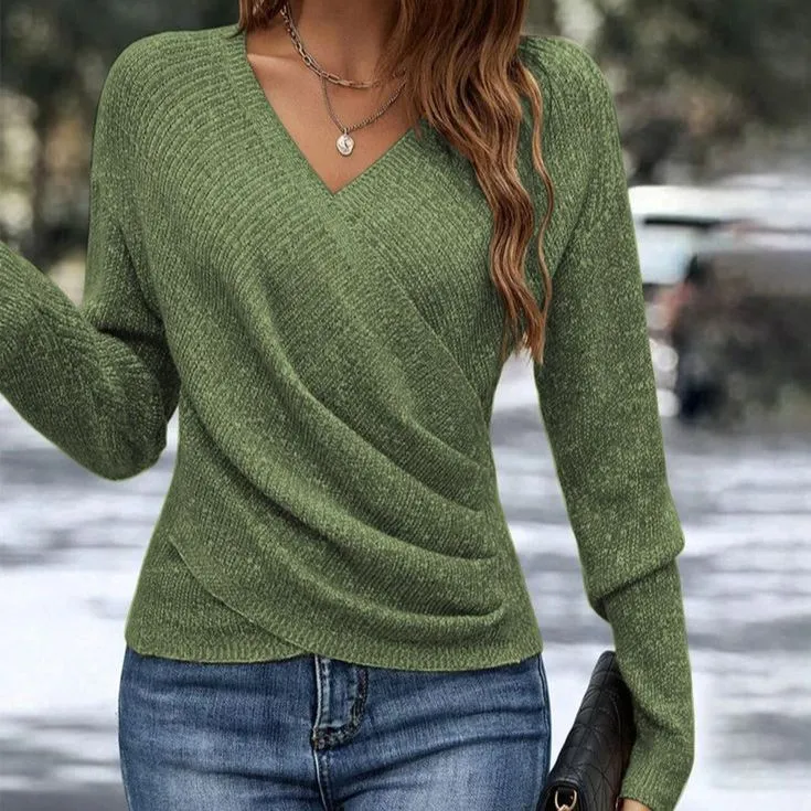 Green Plain V-Neck Long Sleeve Sweater sold by Viva Estel