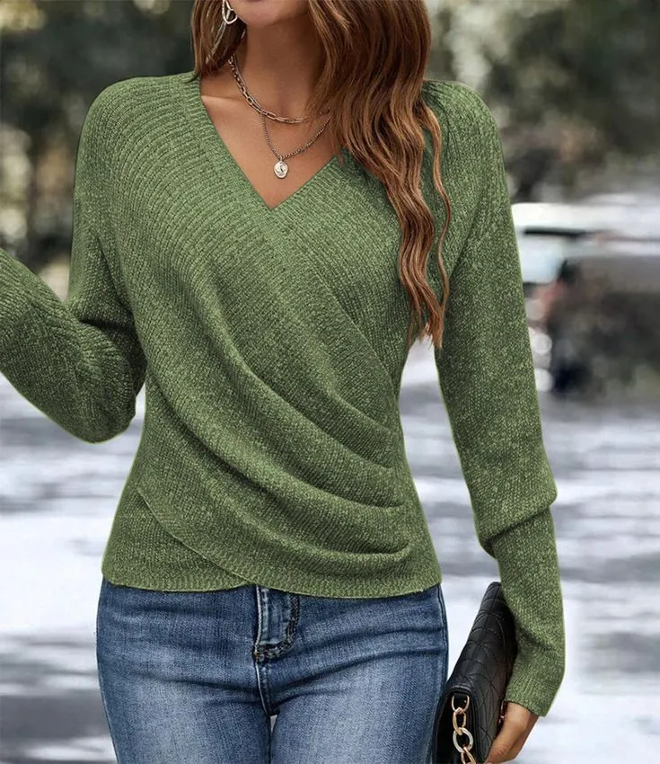 Green Plain V-Neck Long Sleeve Sweater sold by Viva Estel product image thumbnail 2