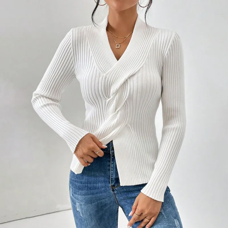 White Plain V-Neck Long Sleeve Sweater sold by Viva Estel