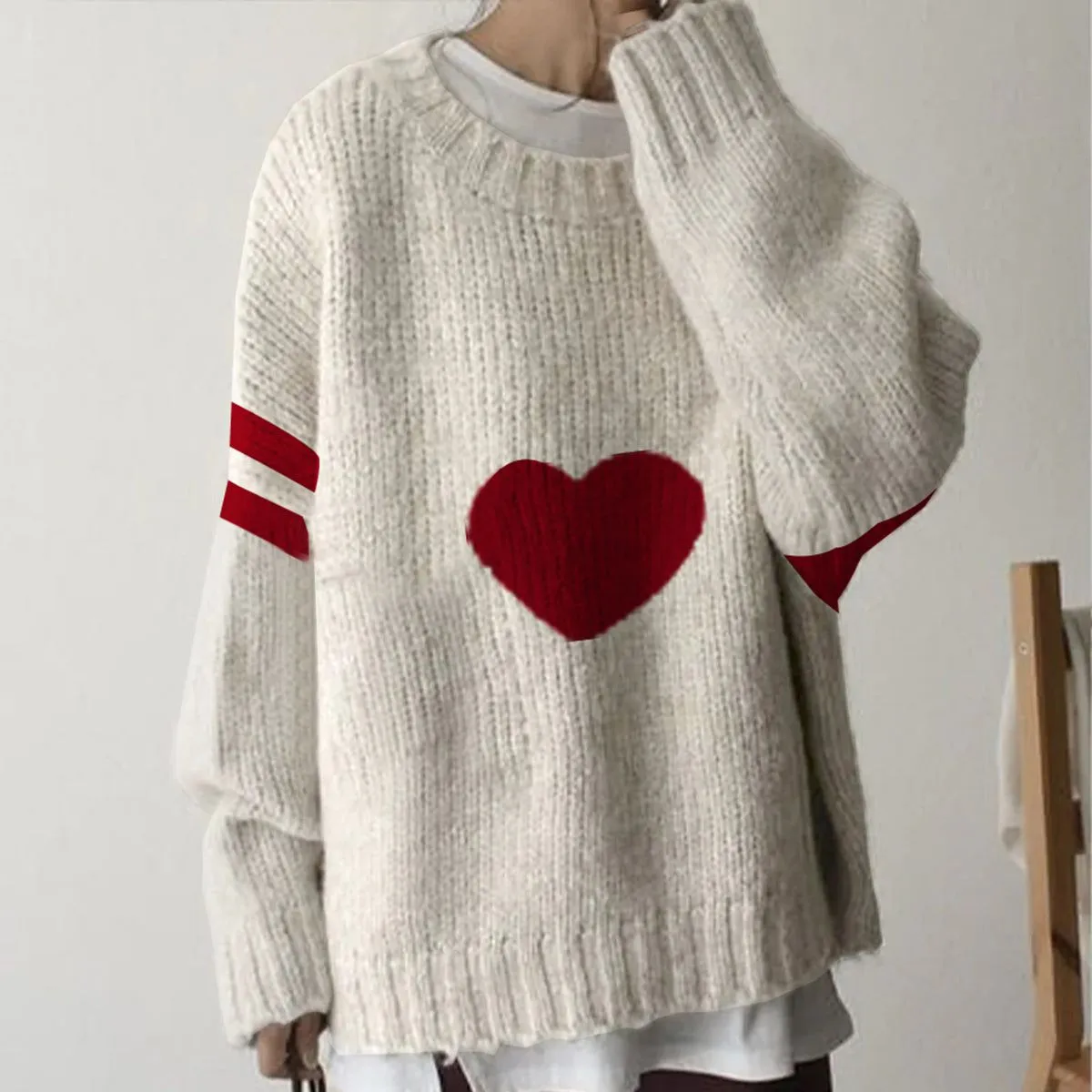 Elegant Red Heart Print Round Neck Sweater sold by Viva Estel