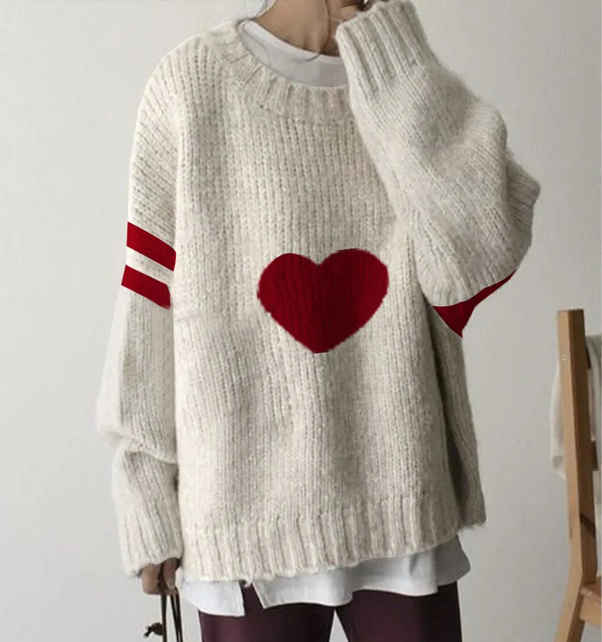 Elegant Red Heart Print Round Neck Sweater sold by Viva Estel product image thumbnail 2