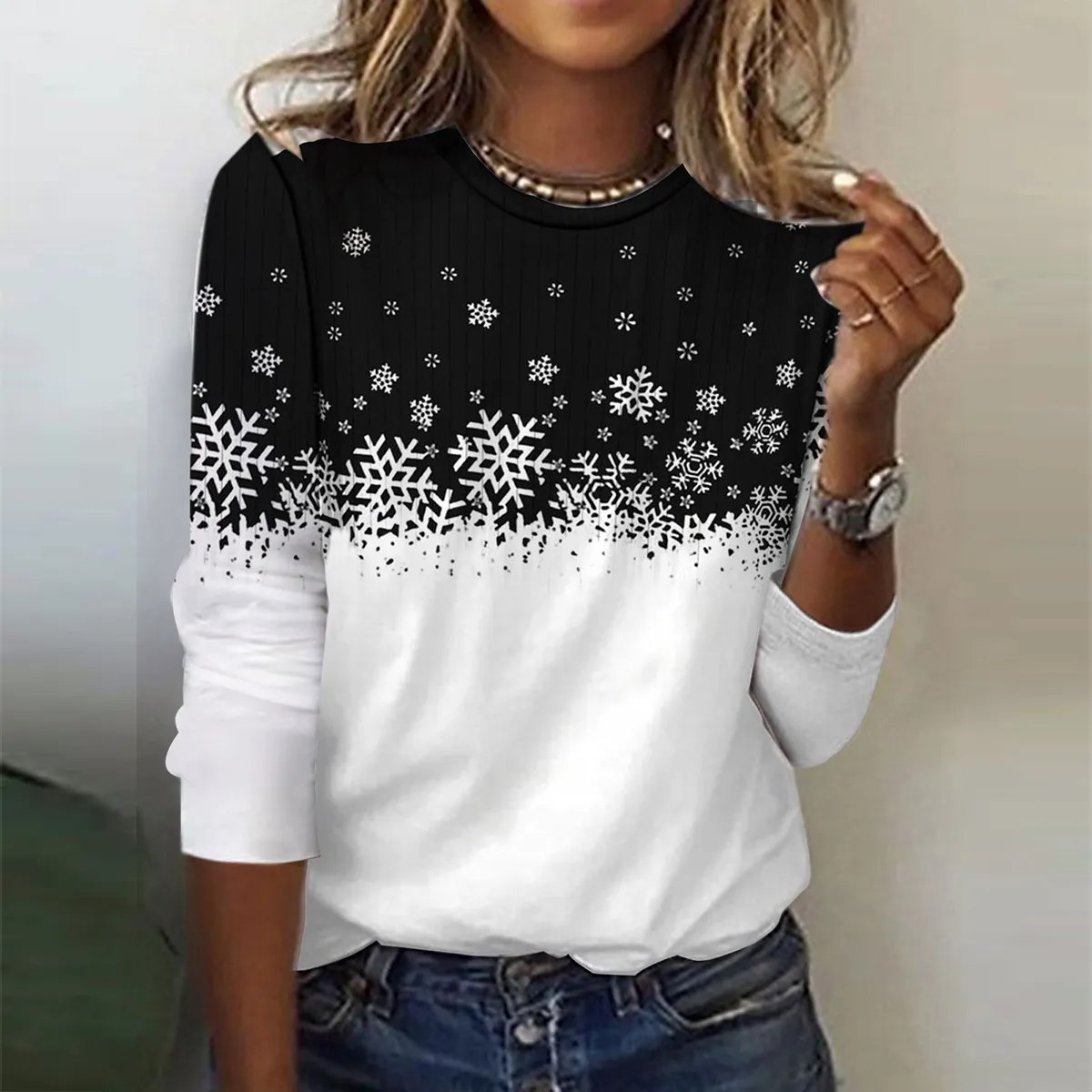Chic Snowflake Print Round Neck Long Sleeve Top sold by Viva Estel