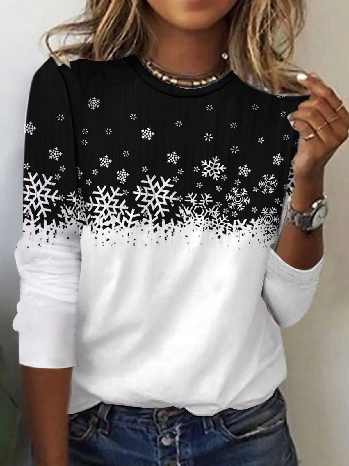 Chic Snowflake Print Round Neck Long Sleeve Top sold by Viva Estel product image thumbnail 2