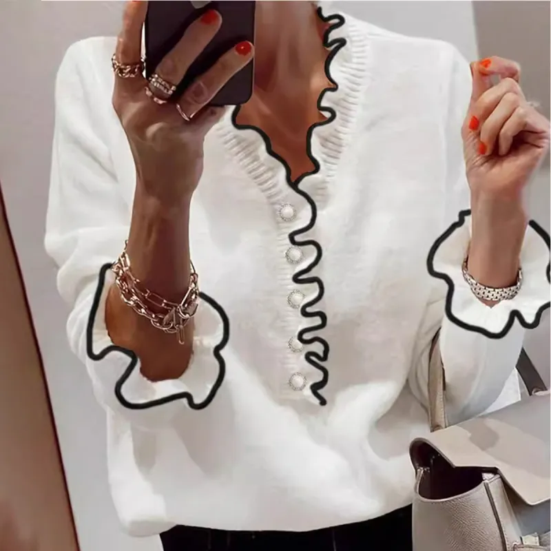 Unique Trim V-Neck Long Sleeve Sweater sold by Viva Estel