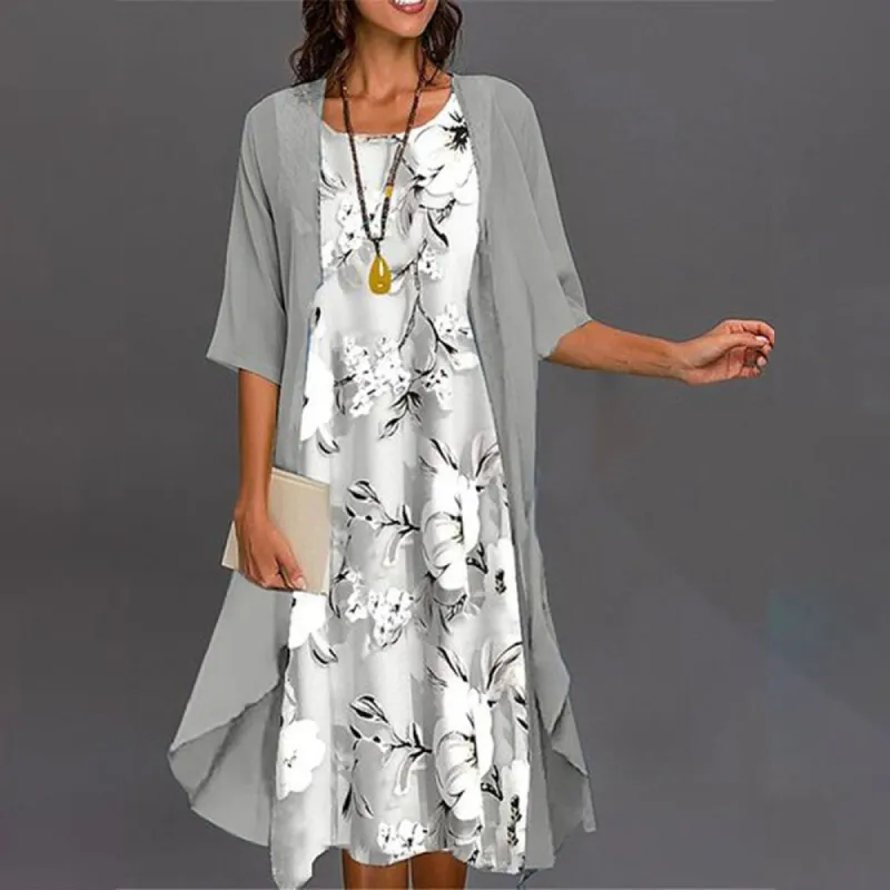 Grey Print Midi Dress With Thin Jacket Two Piece Outfits sold by Viva Estel