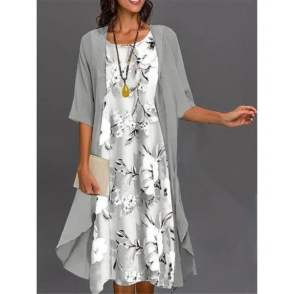 Grey Print Midi Dress With Thin Jacket Two Piece Outfits sold by Viva Estel product image thumbnail 2