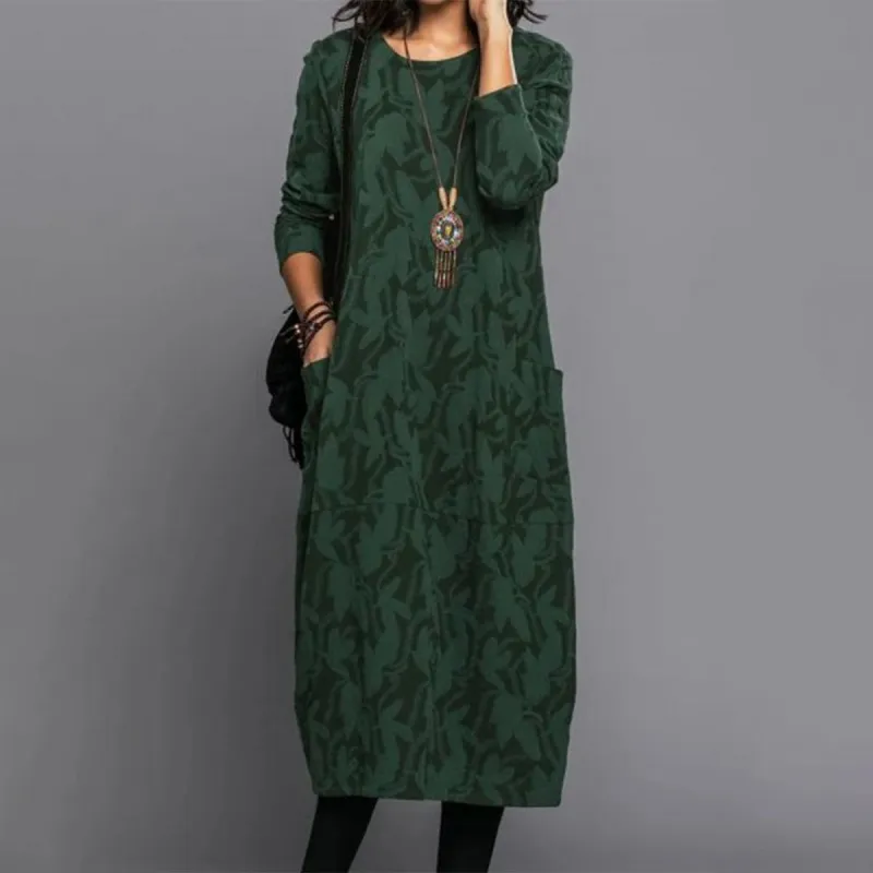 Unique Round Neck Long Sleeve Side Pocket Midi Dress sold by Viva Estel