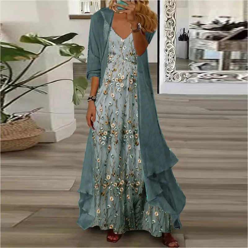 Youthful Ditsy Floral Print Maxi Dress With Thin Jacket Two Piece Outfits sold by Viva Estel