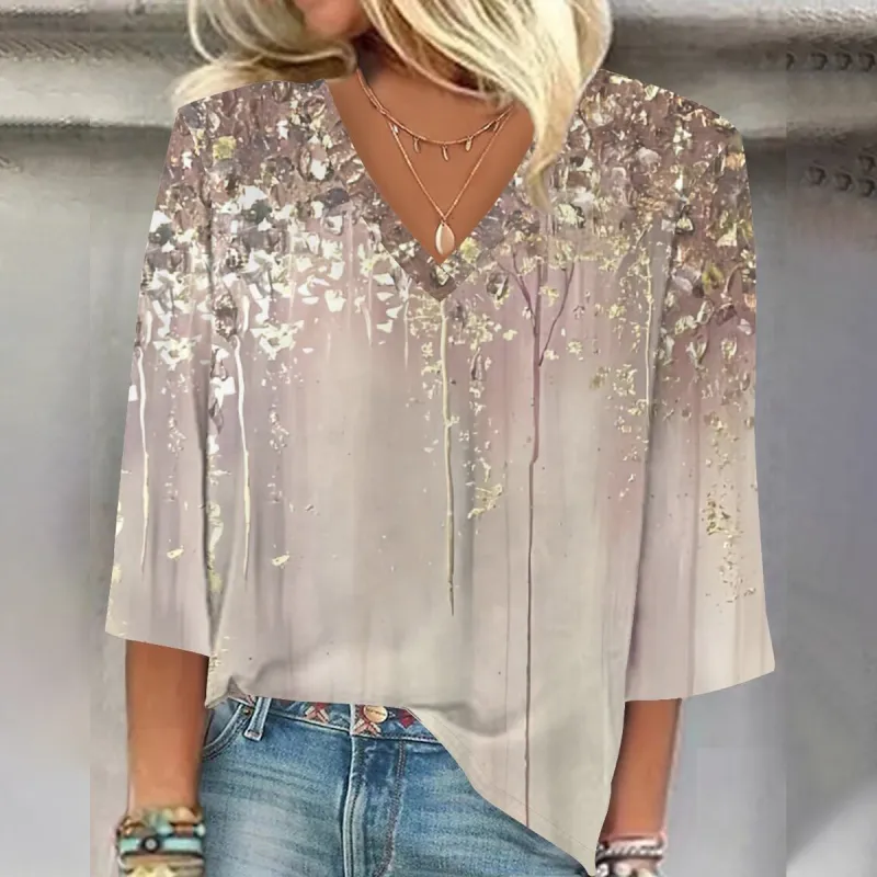 Champagne V-Neck 3/4 Sleeve Top sold by Viva Estel