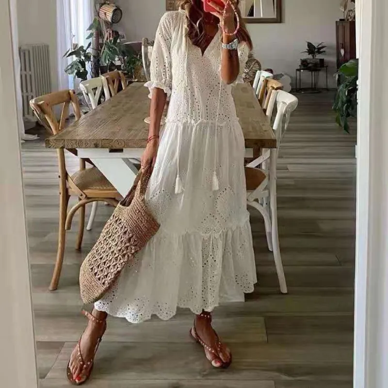 Youthful White Plain V-Neck Maxi Dress sold by Viva Estel