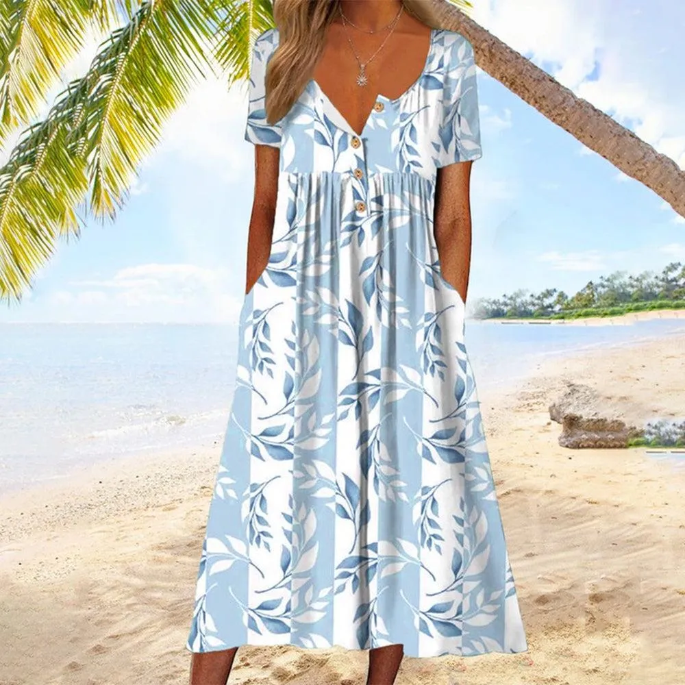 Blue Paradise Short Sleeve Pleated Side Pocket Midi Dress sold by Viva Estel