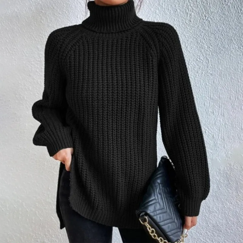 Black Long Sleeve High Turtleneck Slouchy Ribbed Sweater sold by Viva Estel
