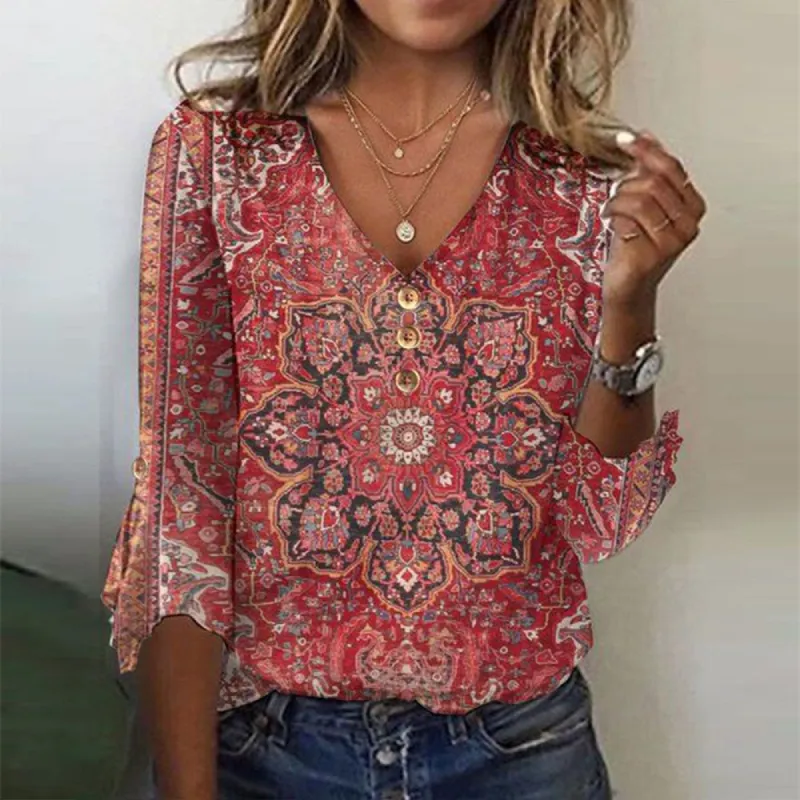 Red Print 3/4 Sleeve V-Neck Top sold by Viva Estel