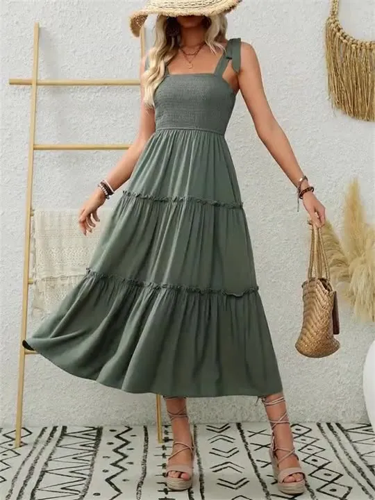 Patchwork Strapless Spaghetti Strap Dress - Army Green sold by Viva Estel product image thumbnail 3