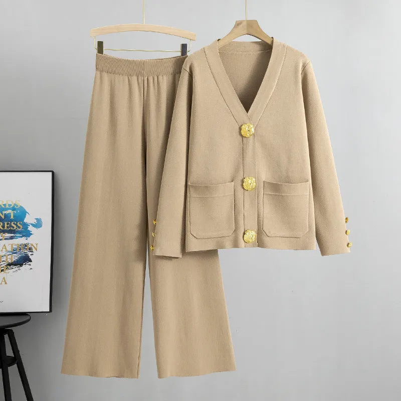 Knitted Cardigan Sweater Two Piece Set - Khaki sold by Viva Estel