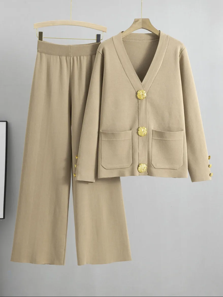 Knitted Cardigan Sweater Two Piece Set - Khaki sold by Viva Estel product image thumbnail 3