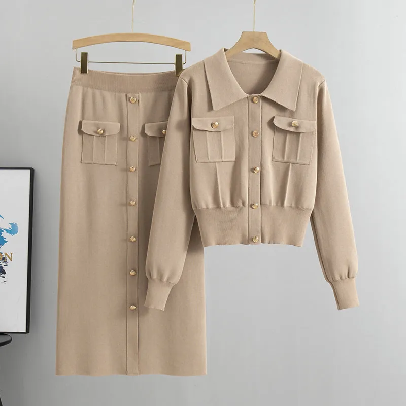 Knitted Slim-Fit Two Piece Set - Khaki sold by Viva Estel